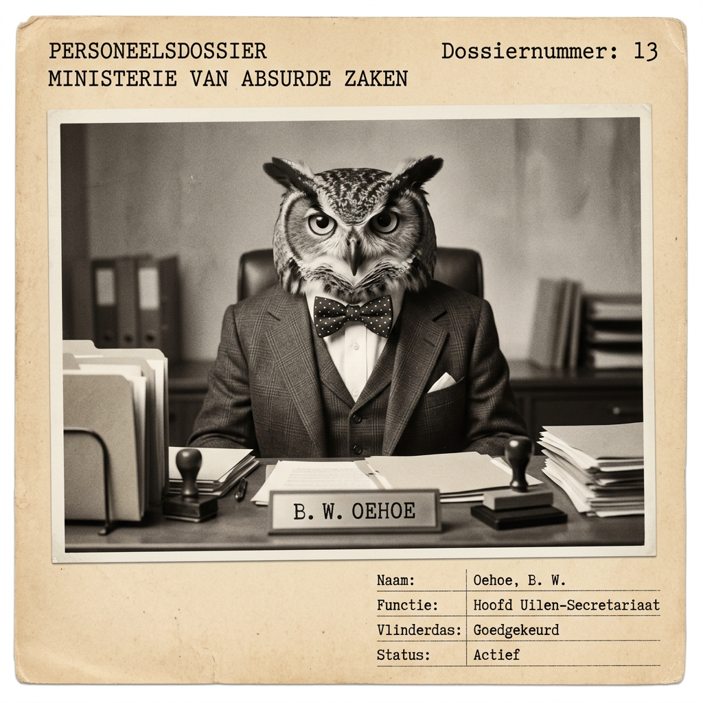 Officieel personeelsfoto van B. W. Oehoe, een uil in driedelig pak met vlinderdas, achter zijn bureau met stempels en mappen